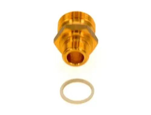Schraubstutzen aus Metall in goldener Farbe mit Gewinde und einer Dichtung. Er könnte für Anwendungen von Bosch oder ähnliche Produkte verwendet werden.